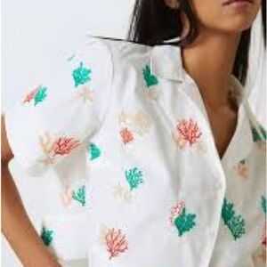 Anthropologie White Button-Down Top with Green and Coral Embroidered Motifs